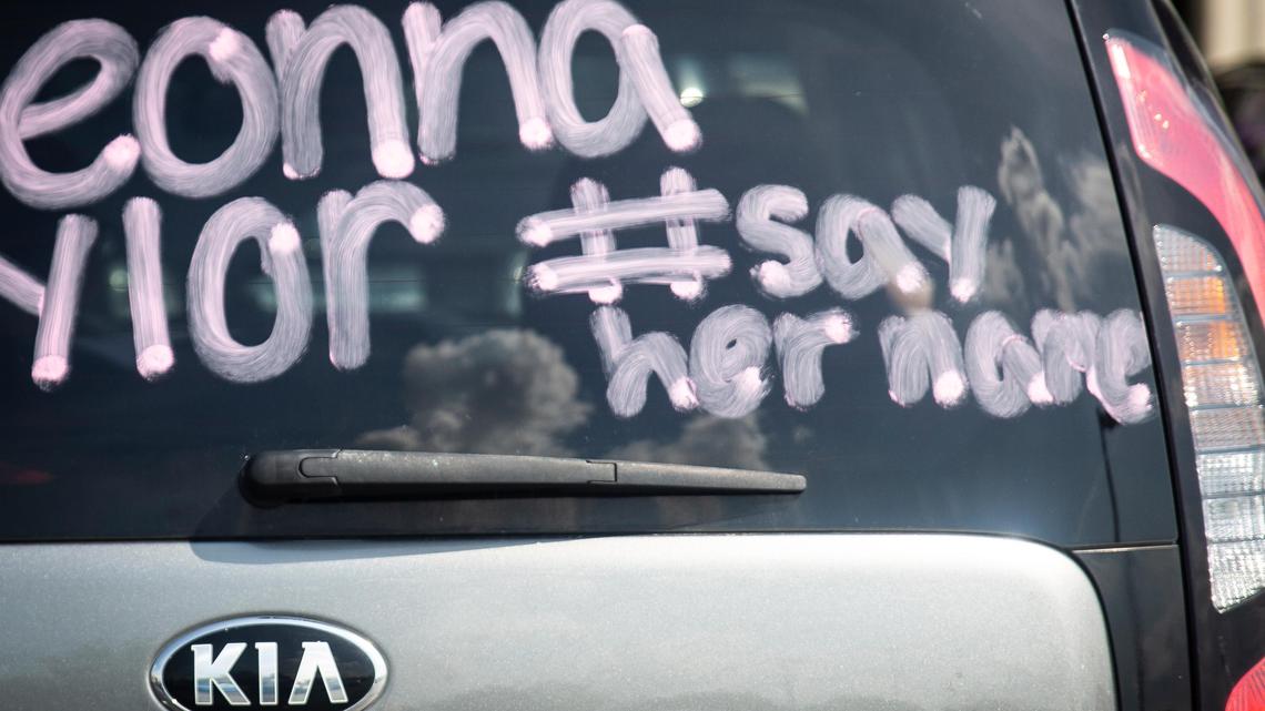 A car had writing on it in preparation for a car caravan protest held in honor of Breonna Taylor in Lexington, Ky., on Friday, June 5, 2020.