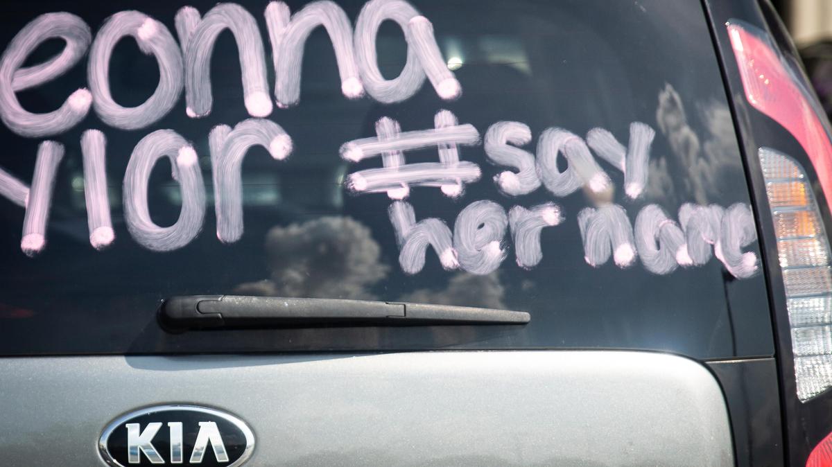 A car had writing on it in preparation for a car caravan protest held in honor of Breonna Taylor in Lexington, Ky., on Friday, June 5, 2020.