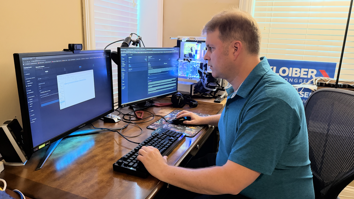 Kentucky 6th Congressional District Democratic candidate David Kloiber sits at the desk where he created an AI-powered app to personalize letters to thousands of voters in Central Kentucky.