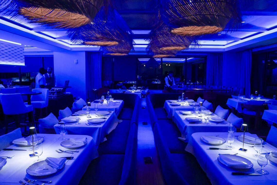 The dining room of The V, the public restaurant at The Vine, a new downtown Lexington development takes on a different tone at night. The 2,900 square foot restaurant seats 120 inside and 48 outside.