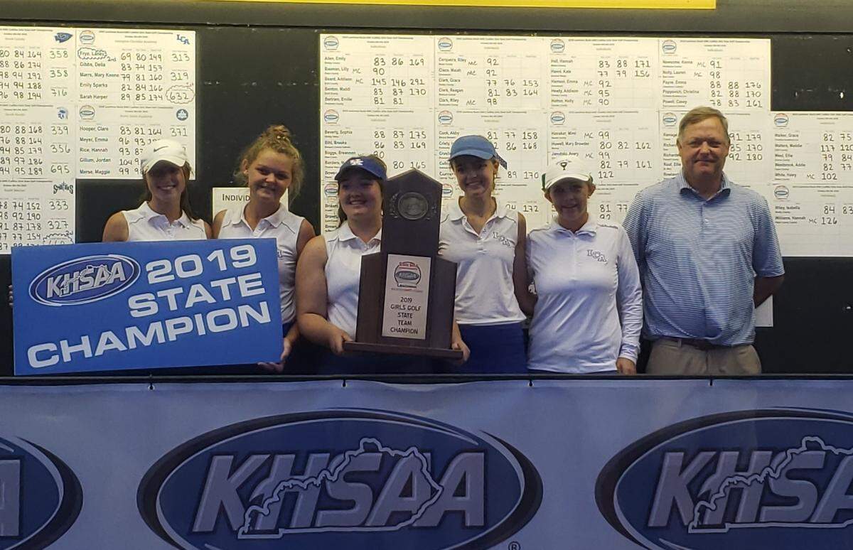 The Lexington Christian golf team posed with the state championship trophy at Bowling Green Country Club with Coach B Frye. The win marks the Eagles’ second straight state title.