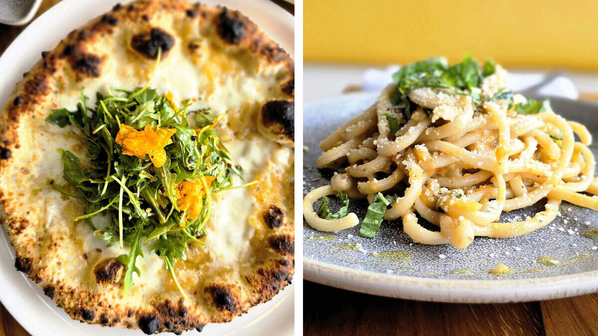 Crust’s new summer menu includes from left, the Golden Pomodoro pizza (yellow tomato pomodoro, buffalo mozzarella, squash blossom, fresh arugula and chili crunch) and Bucatini Al Sole (bucatini pasta, yellow tomato pomodoro, shallot, Parmesan Romano and fresh basil).