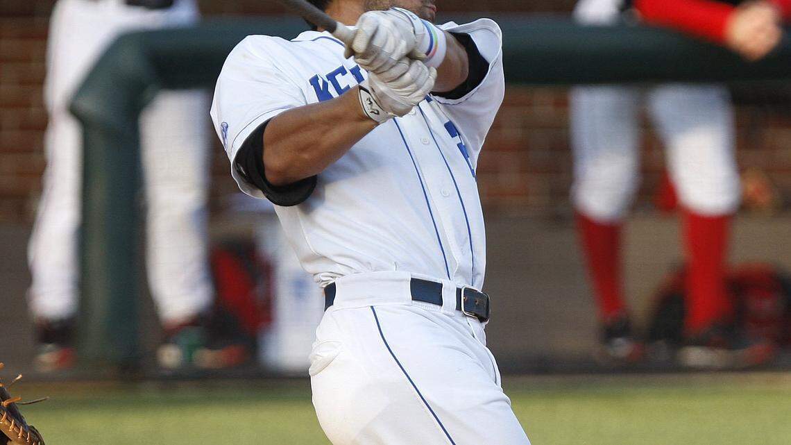 UK's Ka'ai Tom hits a single in the third inning against Georgia at Cliff Hagan Stadium in Lexington, Ky., Friday, May 8, 2015. Photo by Matt Goins