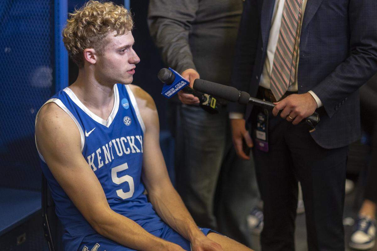 Kentucky guard Collin Chandler talks to the media following Friday’s loss to Tennessee during an NCAA Sweet 16 game at Lucas Oil Stadium in Indianapolis.