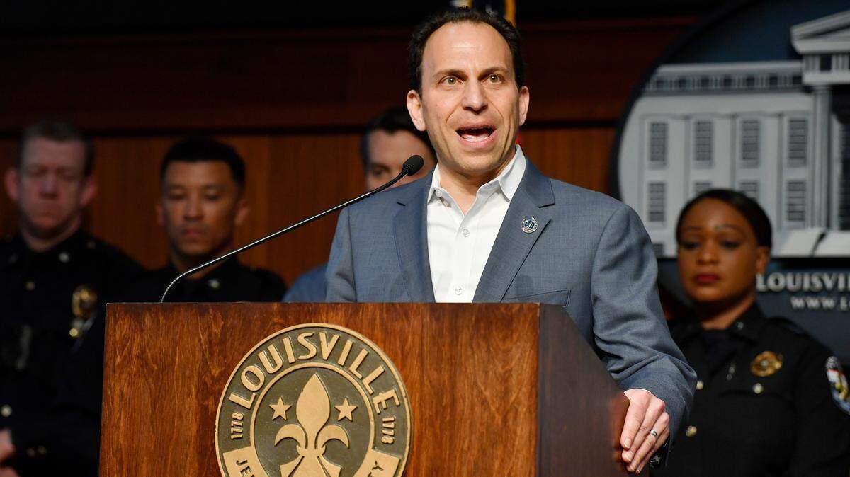 Louisville Mayor Craig Greenberg speaks during a news conference on Monday’s bank shooting at Metro Hall in Louisville, Ky., Tuesday, April 11, 2023. A shooting at the Old National Bank in downtown Louisville killed several people and wounded others.