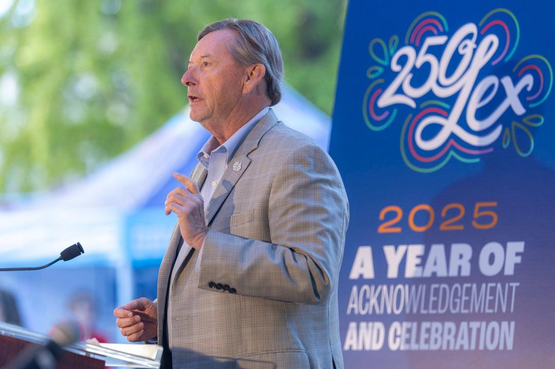 250Lex Commission co-chair Kip Cornett speaks during a press conference Thursday, Oct. 10, 2024, announcing plans for Lexington’s 250th anniversary celebration. Events held during each month of 2025 will focus on different aspects of Lexington.