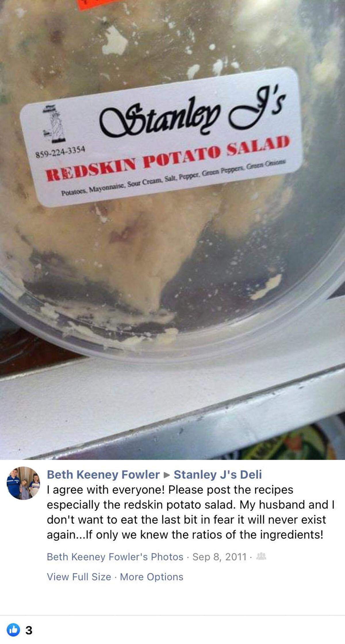 A picture of a label of ingredients from a container of red skin potato salad posted to the Facebook page of Stanley J’s Deli.