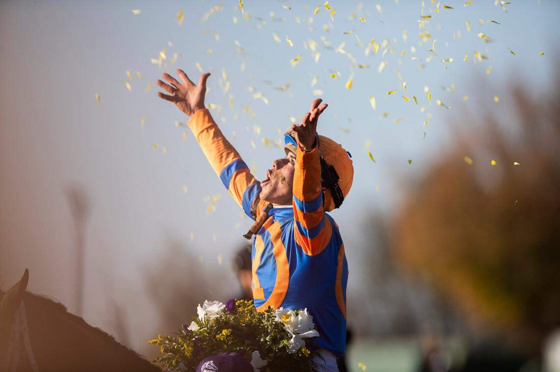 Irad Ortiz Jr. celebrates after riding Forte to victory in the 39th running of the Breeders’ Cup Juvenile during the first day of the 2022 Breeders’ Cup World Championships at Keeneland. Ortiz will ride Publisher in the 2025 Kentucky Derby.