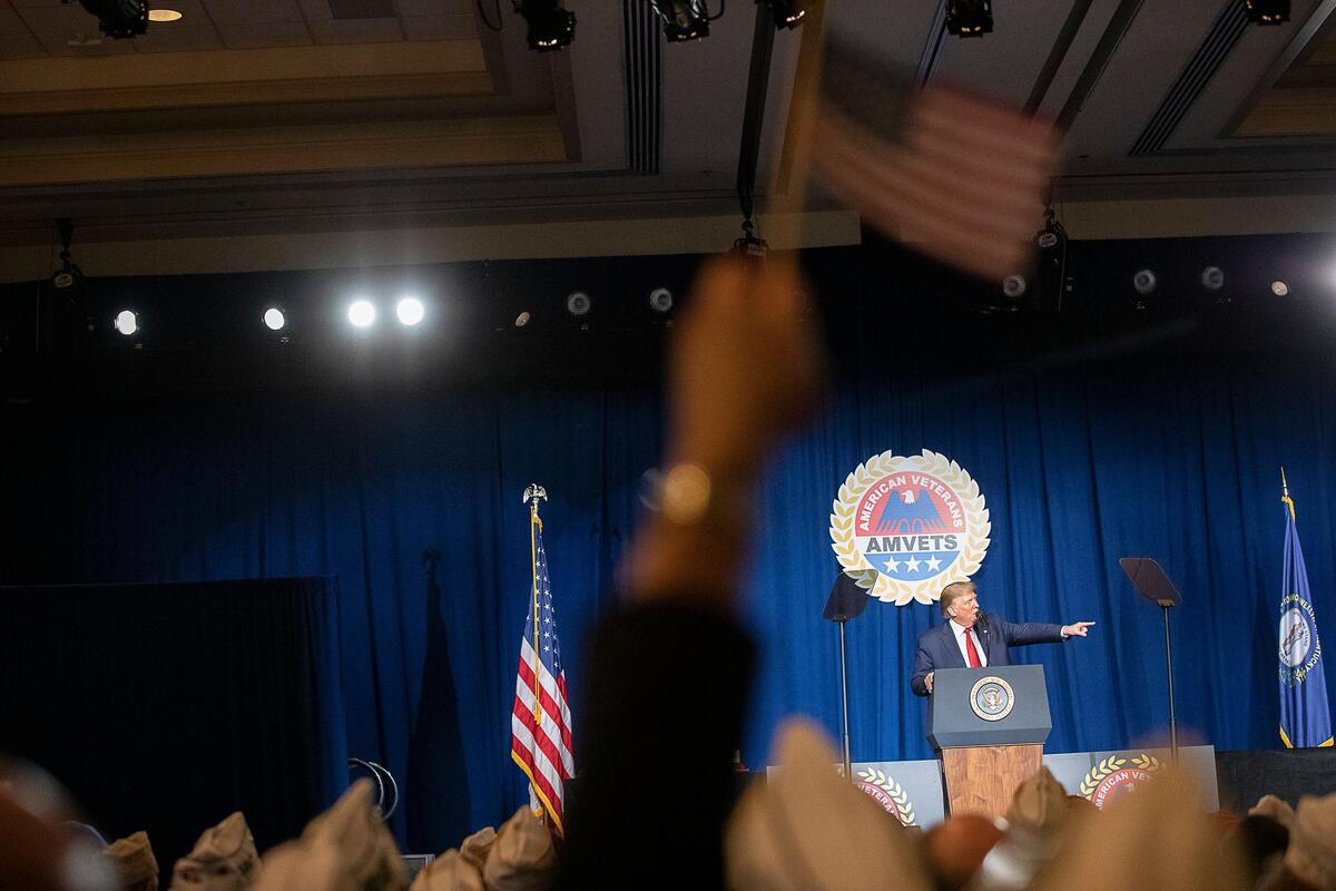 President Donald Trump delivers the Keynote Address during AMVETS’ 75th Annual National Convention Joint Opening Ceremony at the Galt House in Louisville, Ky., Wednesday, Aug. 21, 2019.