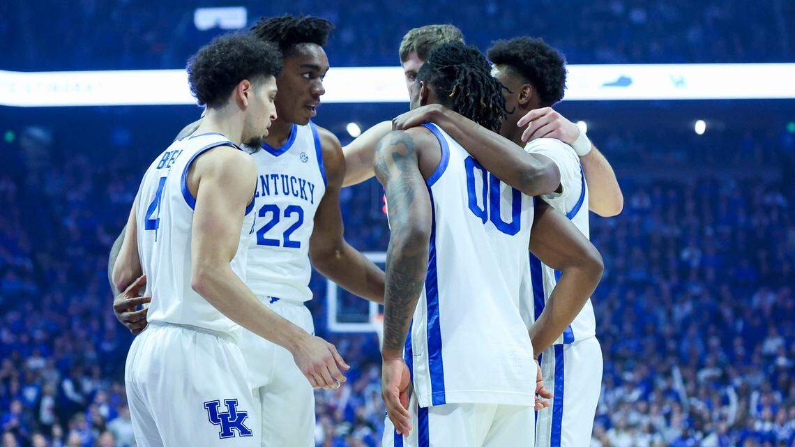 The Kentucky basketball starters huddle during a break in play. “Being the most together team in the country really matters when it comes to March,” said senior forward Ansley Almonor