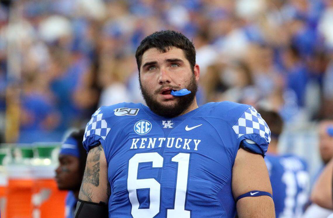 With Kentucky starting right guard Eli Cox sidelined by injury, former Belfry High School standout Austin Dotson (61) is likely to move into that spot.