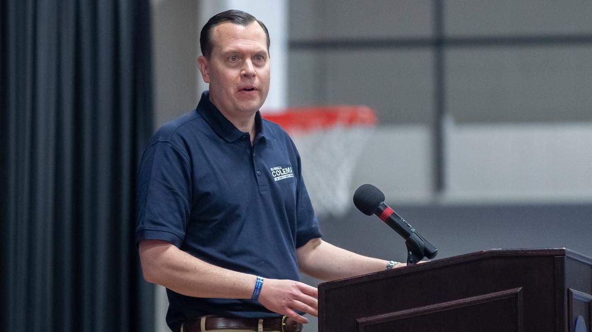 Russell Coleman, Republican candidate for Kentucky attorney general, speaks at the Graves County Republican Party Breakfast at WK&T Technology Park in Mayfield, Ky., on Saturday, Aug. 5, 2023.
