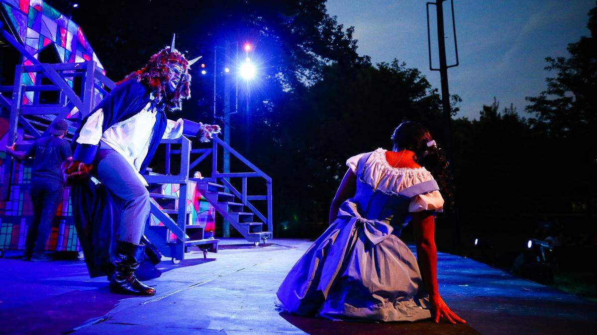 Ron Wilbur, playing Beast, and Krissalynn Love, playing Belle, on stage during a performance of “Beauty and the Beast,” presented by the Kentucky Conservatory Theatre for Summerfest 2018 Friday at Woodland Park in Lexington. Performances being at 8:45 p.m. Thursday through Sunday until July 22. Tickets being at $11 for children at $16 for adults.