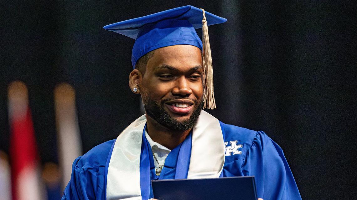UK Men’s basketball forward (15) Ansley Almonor walks with the class of 2025 to applause from fellow grads and UK fans during the first of two UK graduation ceremonies at Central Bank Center on May 9, 2025, in Lexington, Ky.
