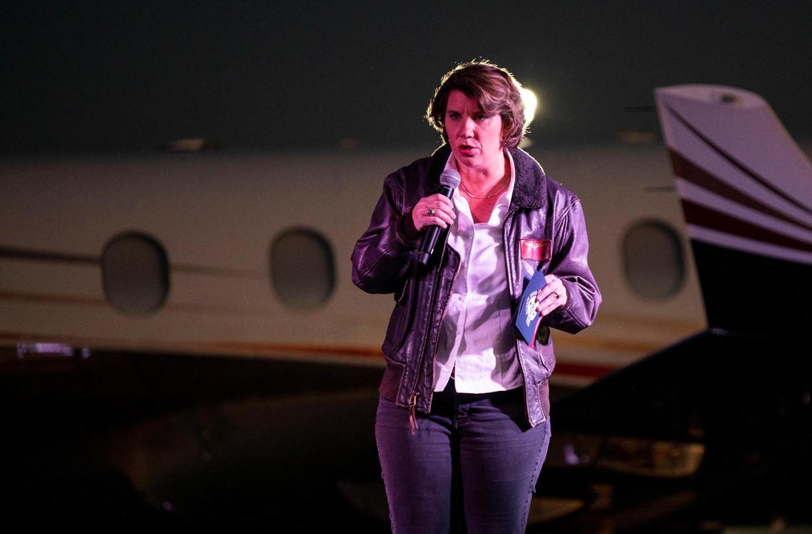Democratic senate candidate Amy McGrath speaks with her supporters and reporters during her final stop on Election Day at the Georgetown-Scott County Regional Airport in Scott County, Ky., Tuesday, November 3, 2020.