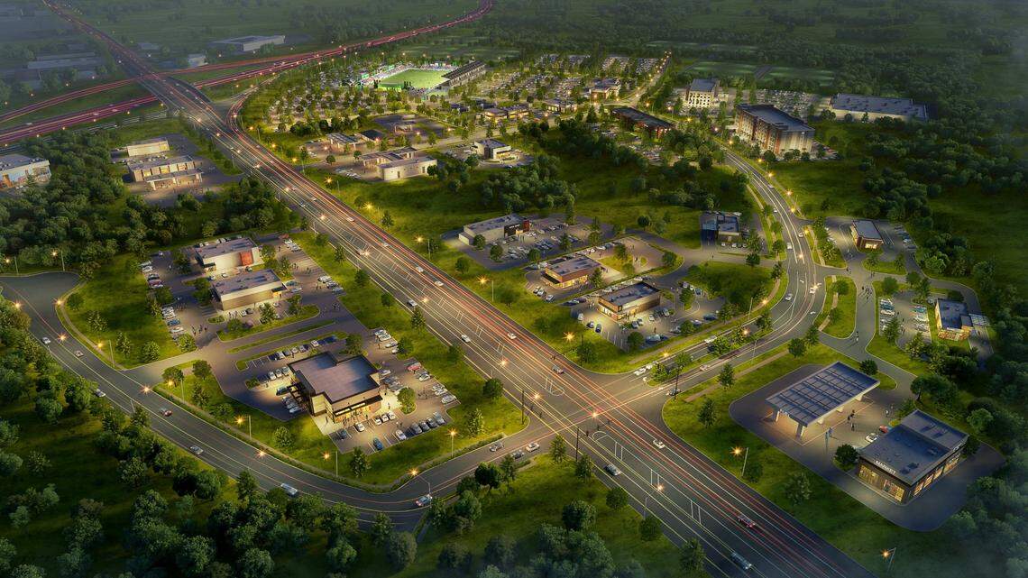 A rendering of the planned stadium for Lexington Sporting Club depicts how traffic might flow past the soccer complex on Athens Boonesboro Road and Interstate 75.