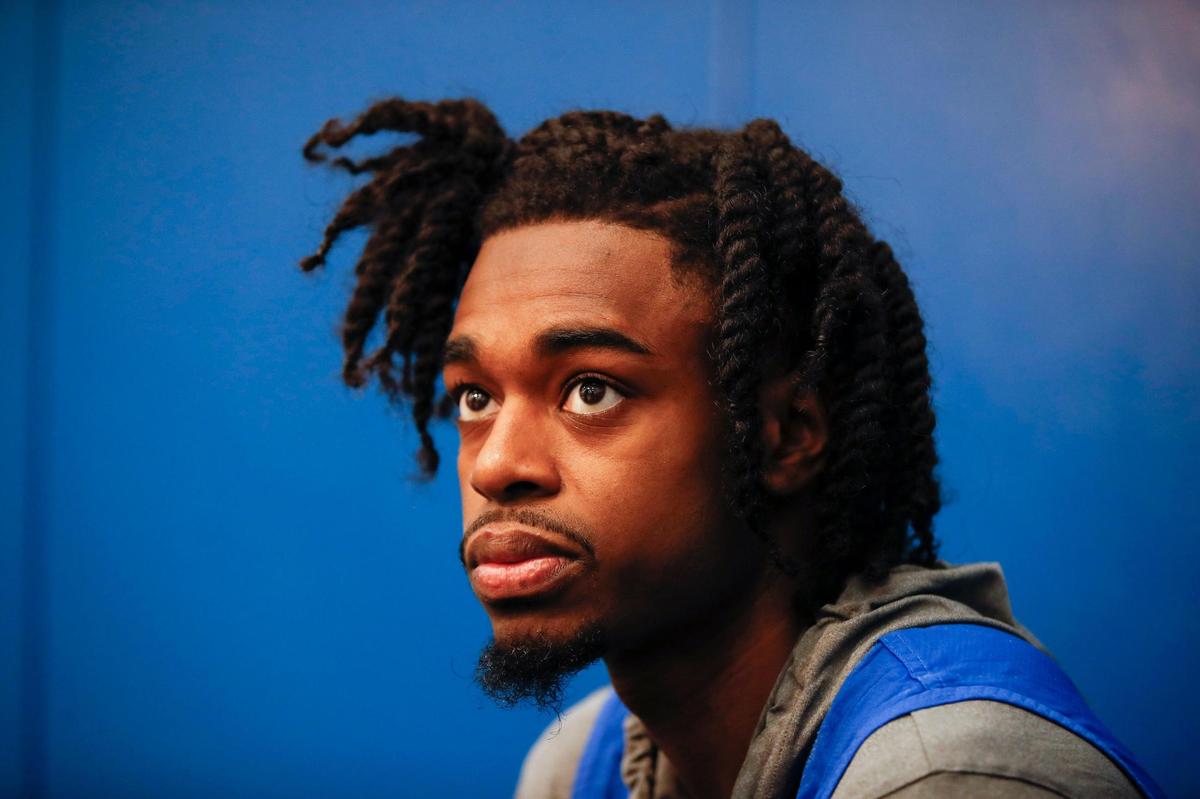 Kentucky Wildcats guard Antonio Reeves (12) speaks with reporters during media day at the Joe Craft Center in Lexington, Ky., Saturday, October 25, 2022. Reeves previously played for three seasons at Illinois State.