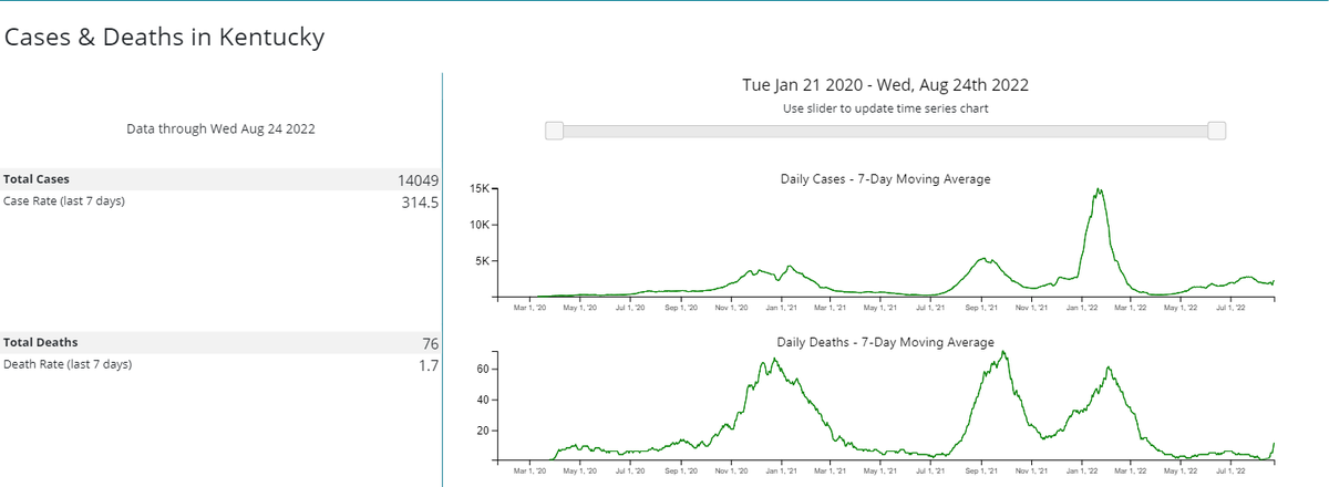 Kentucky's COVID-19 cases and deaths over time, according to the CDC's data tracker as of Aug. 26, 2022.