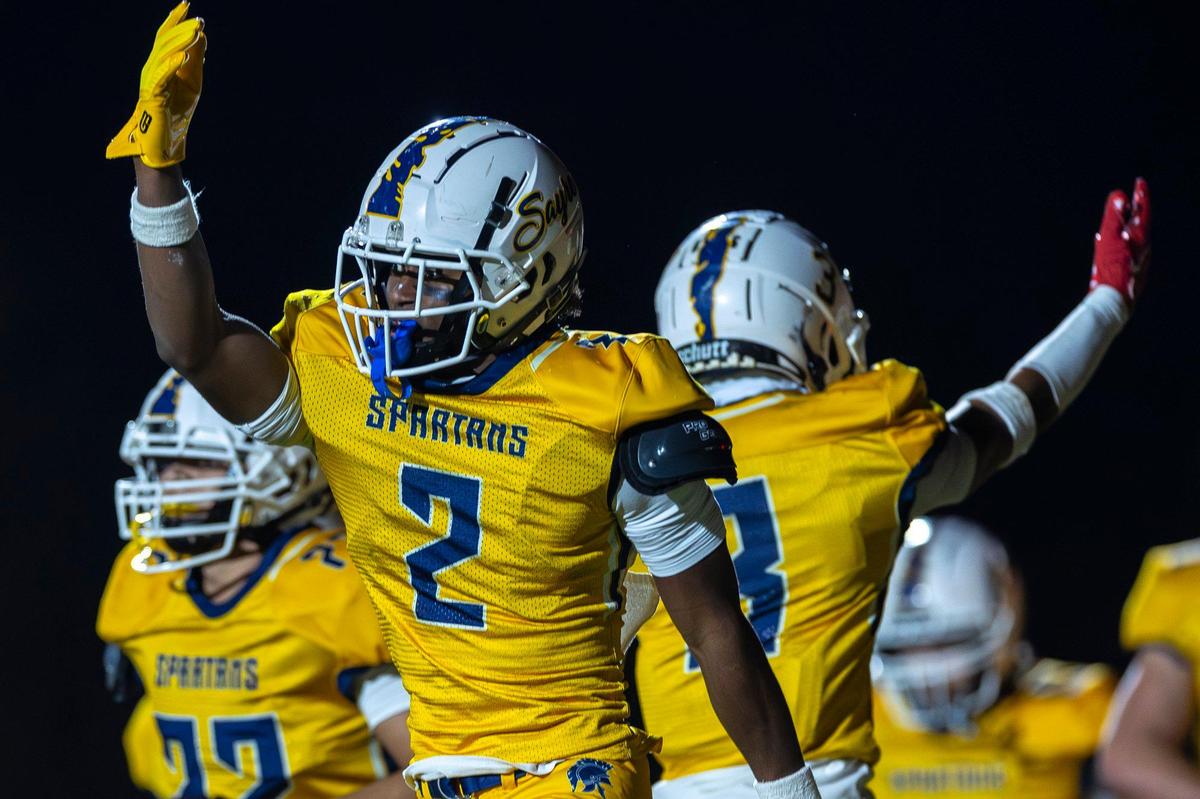 Sayre’s Brock Coffman (2) celebrates after scoring a touchdown against Paris at the Sayre Athletic Complex on Friday.