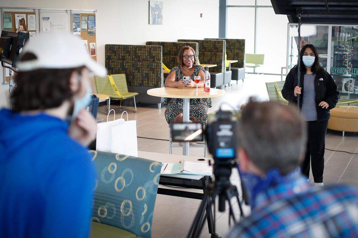 ToNia Ruby, center, works with Bluegrass Community & Technical College student, Jannet Ojeda., right, and others while filming “The Covid Monologues” March 26 at BCTC in Lexington. The film will have an invitation-only showing at the Lyric Theatre & Cultural Center on May 27. After being entered in film festivals the theater program plans to have a local premier in late Spring, 2022.