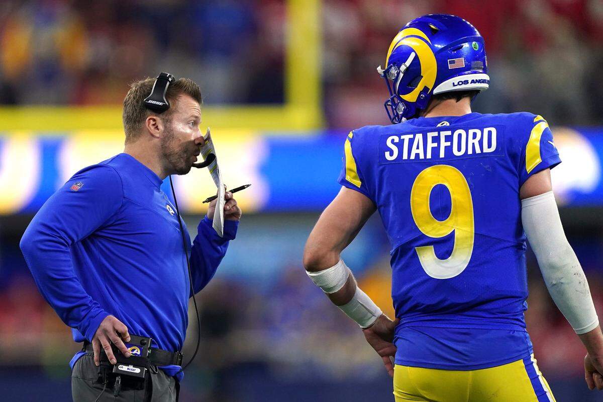 Los Angeles Rams head coach Sean McVay talks with quarterback Matthew Stafford during the NFC Championship Game. McVay, is the former boss of UK offensive coordinator Liam Coen and Cincinnati Bengals head coach Zac Taylor.