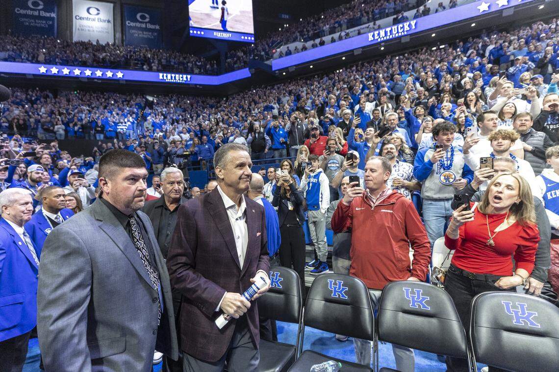 Arkansas Razorbacks head coach John Calipari walks on the court before a game against the Arkansas Razorbacks at Rupp Arena in Lexington, Ky., on Saturday, Feb. 1, 2025.