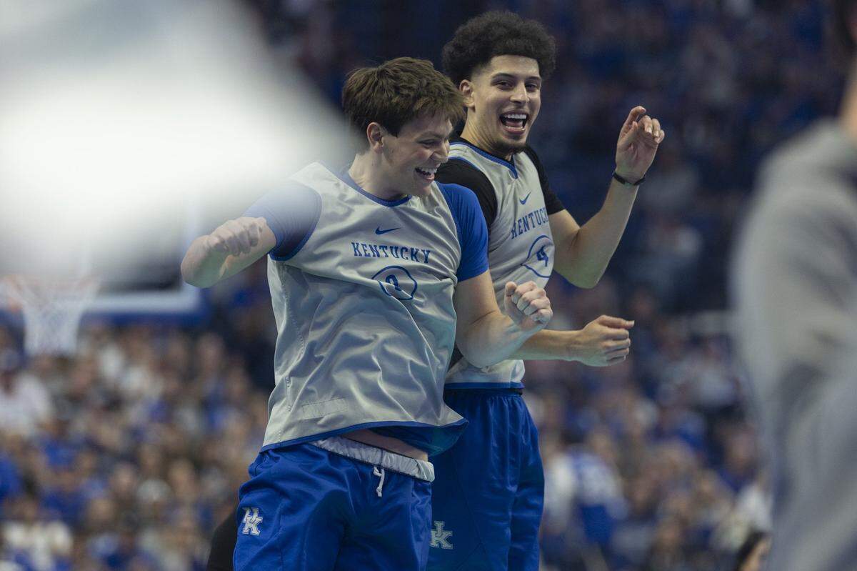 Trent Noah, left, and Koby Brea take part in Big Blue Madness at Rupp Arena on Oct. 11. Kentucky’s Blue-White Preseason Event is scheduled for Friday, Oct. 18 at Memorial Coliseum.
