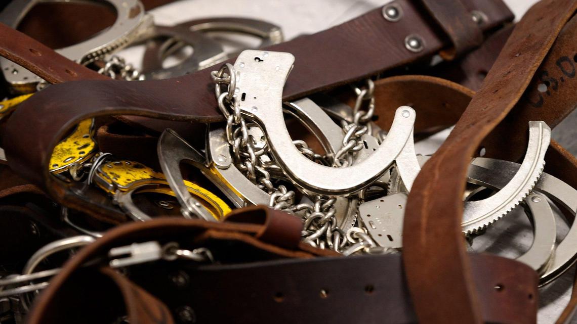 Chains lay on the floor waiting for inmates to be taken to court on Thursday, June 30, 2022, at the Madison County Detention Center in Richmond, Kentucky.