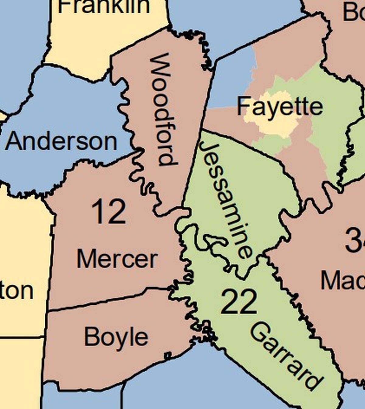 The current map for Lexington’s Senate District 12, colored in red.