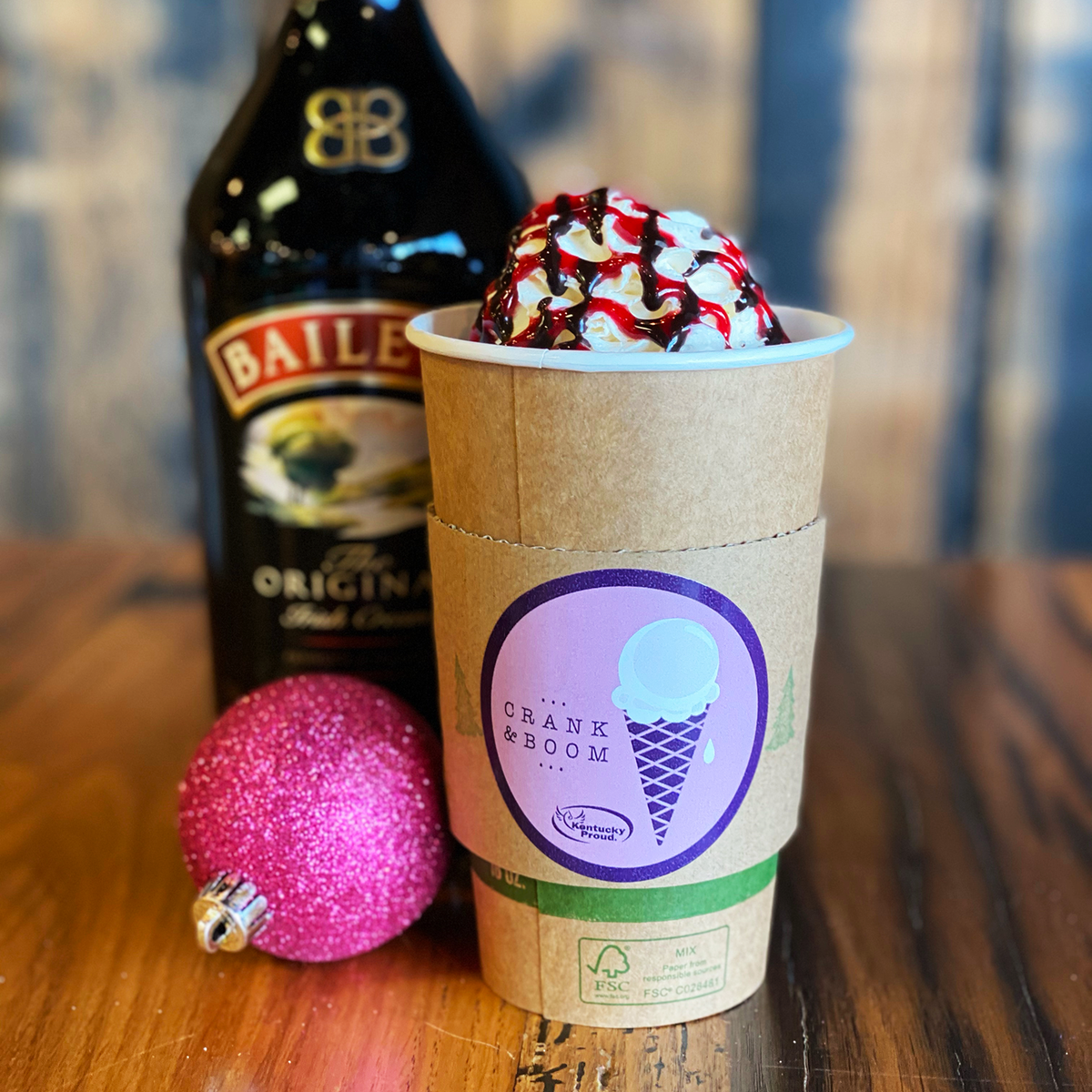 Irish Cream Dreams hot chocolate from Crank & Boom has Irish cream, whipped cream and raspberry and chocolate sauce on top.