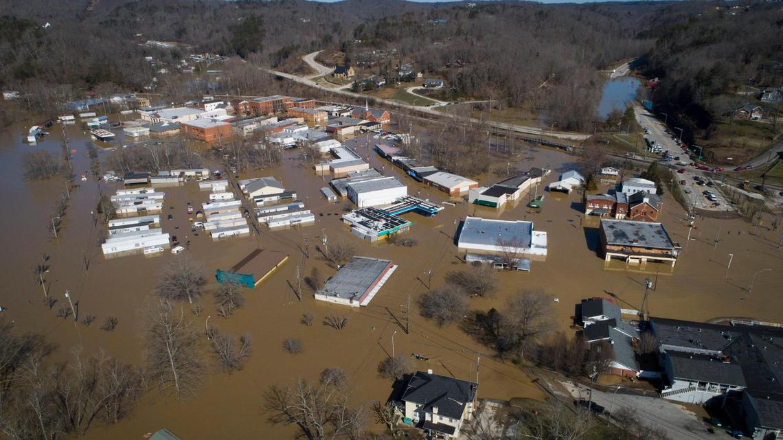 The city of Beattyville sits underwater following heavy rains which caused the Kentucky River to flood, Tuesday, March 3, 2021.