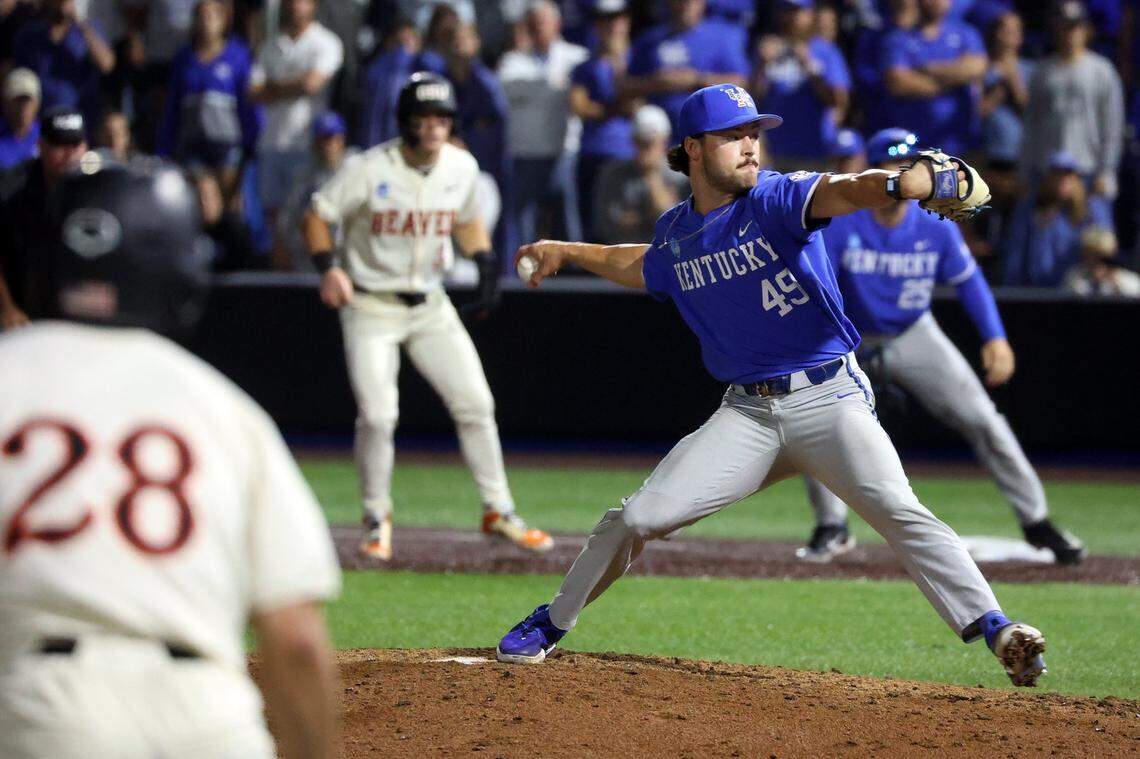 Kentucky reliever Johnny Hummel came out of the bullpen with Oregon State runners on first and third base and the Wildcats clinging to a 3-2 lead in the bottom of the ninth inning. He got the final out of the win that sends UK to the College World Series for the first time in school history.