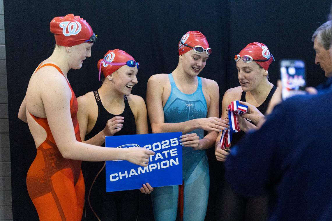 West Jessamine’s 200 medley relay team celebrates after winning the event during the 2025 KHSAA State Swimming Championships at the University of Kentucky’s Lancaster Aquatic Center on Friday.