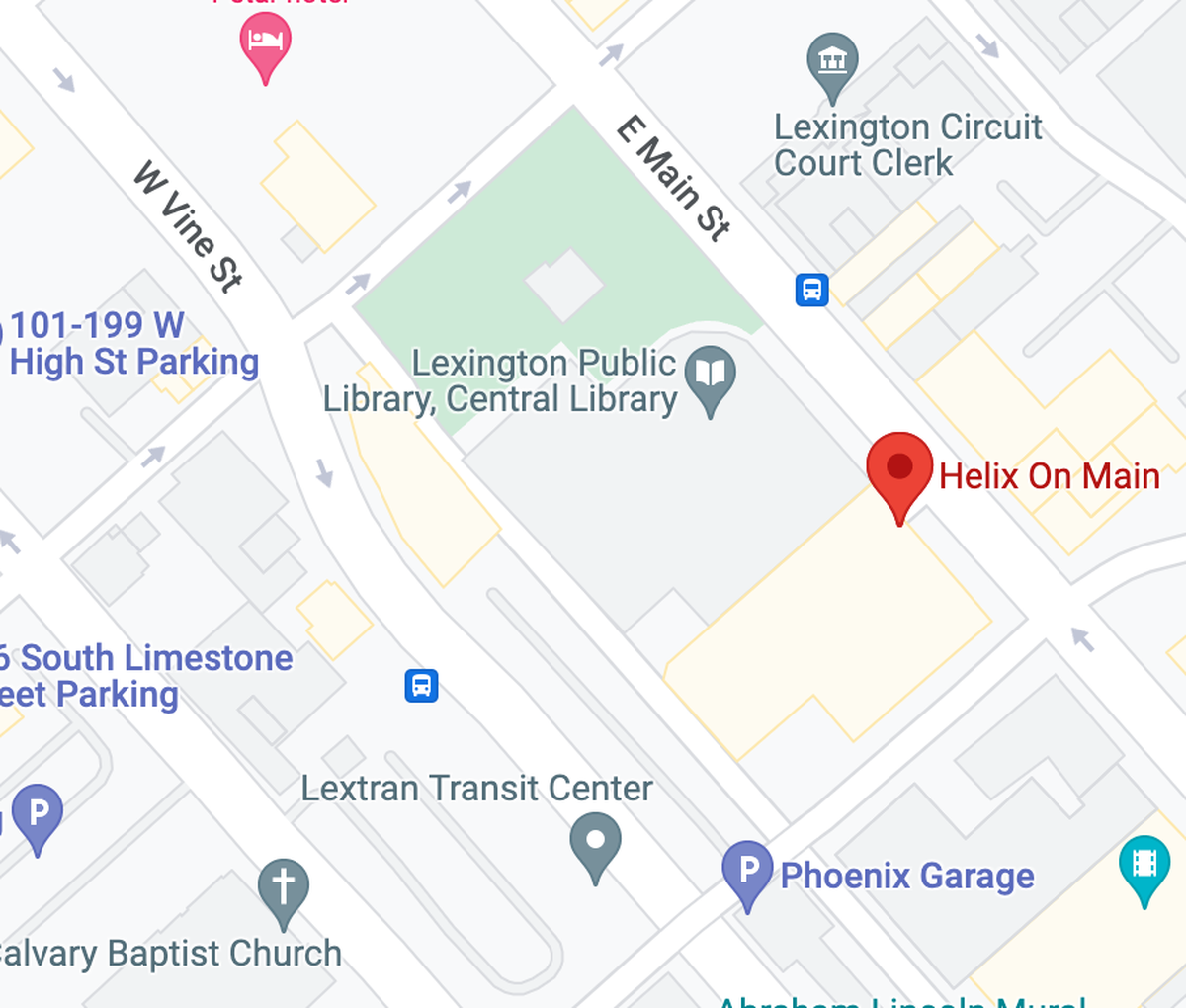A Google Maps screenshot shows the Central Library, Helix on Main and the Lextran Transit Center in downtown Lexington, Ky.