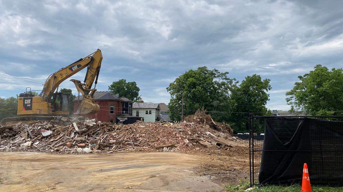 Construction is ongoing along East Maxwell Street for a private developer’s student housing project near the University of Kentucky’s campus, pictured here on Thursday, July 10, 2025, in Lexington, Ky. Twelve National Historic Register houses were destroyed.
