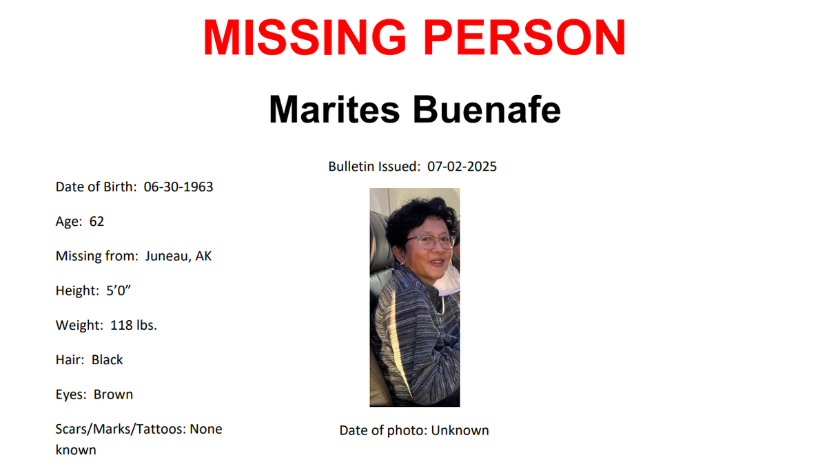 Marites Buenafe, 62, was last seen July 1 heading up Mount Roberts Tramway and had plans to hike the Gold Ridge to Gastineau Peak, according to the Alaska State Police. 