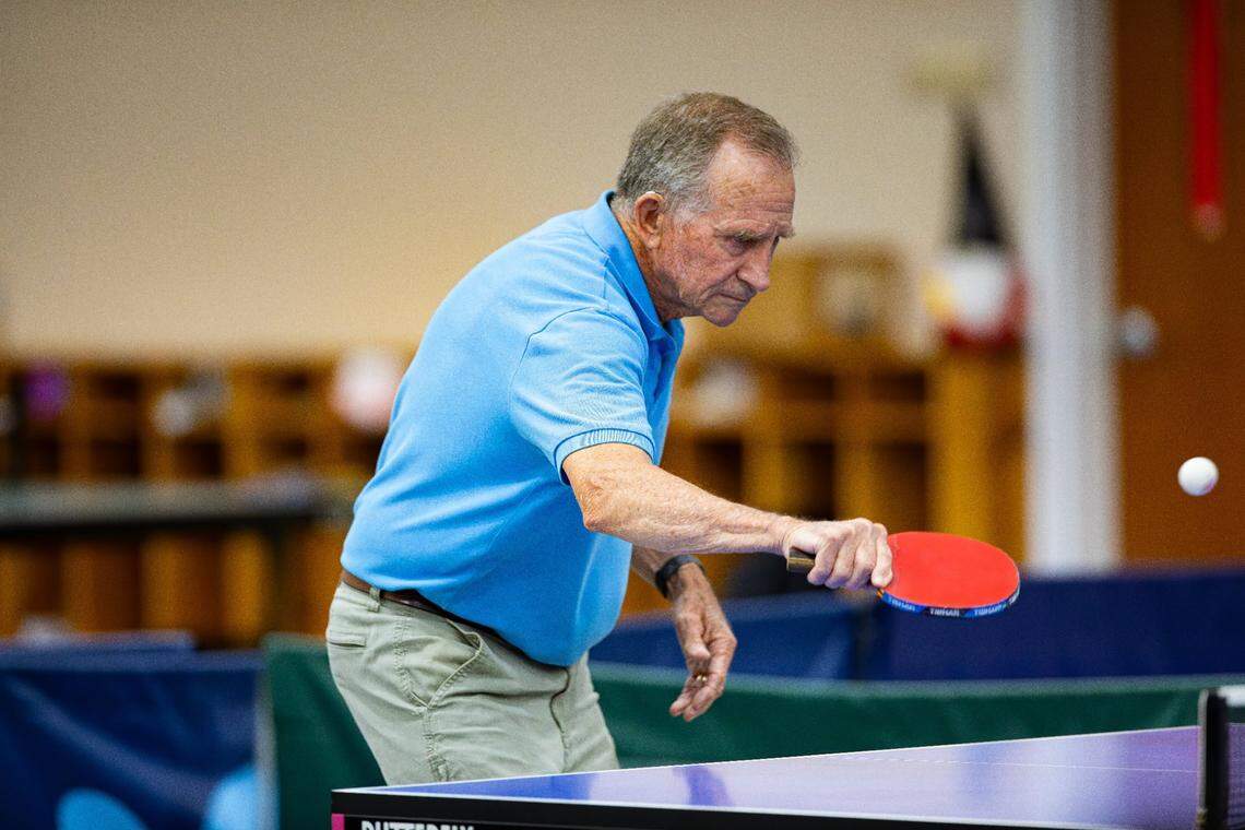 Lexington Table Tennis Club member Joe Bowsher plays at the Providence Christian Church gymnasium in Nicholasville on June 12.