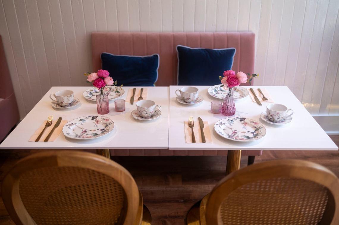 Table decor set up before the opening of Tea and Brie on Thursday, Aug. 8, 2024, at Tea and Brie located at 219 N. Limestone in Lexington, Kentucky.