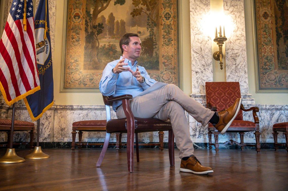 Kentucky Gov. Andy Beshear speaks to a member of the media during an interview in the State Reception Room at the Kentucky state Capitol in Frankfort, Ky., on Tuesday, May 27, 2025.