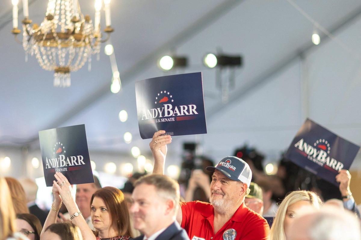 Supporters cheer as U.S. Rep. Andy Barr announces he’s running for the U.S. Senate during a campaign launch at Lynwood Estate in Richmond, Ky., on Tuesday, April 22, 2025.