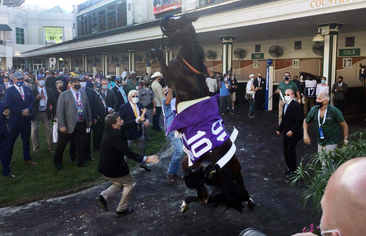 Thousand Words reared up and lost his saddle in the paddock on his way to the track before the race. “Once they do that, it’s an automatic scratch,” said trainer Bob Baffert, who was standing next to Thousand Words as he went to the ground. Baffert also trained the Derby winner, Authentic.