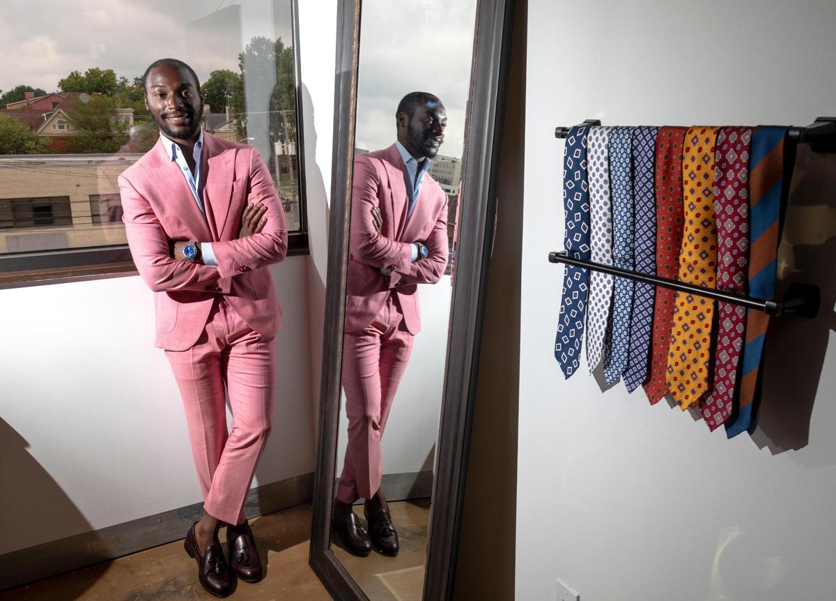 Albert Lukonga recently opened high-end men’s apparel store, Albert Couture, store offering custom crafted suits, shirting, jackets and shoes in downtown Lexington, Ky., Tuesday, August 4, 2020. Although his was a refugee Lukonga said that was just another cap that he wore. “It doesn’t define who I am as man or as a person,” Lukonga said.