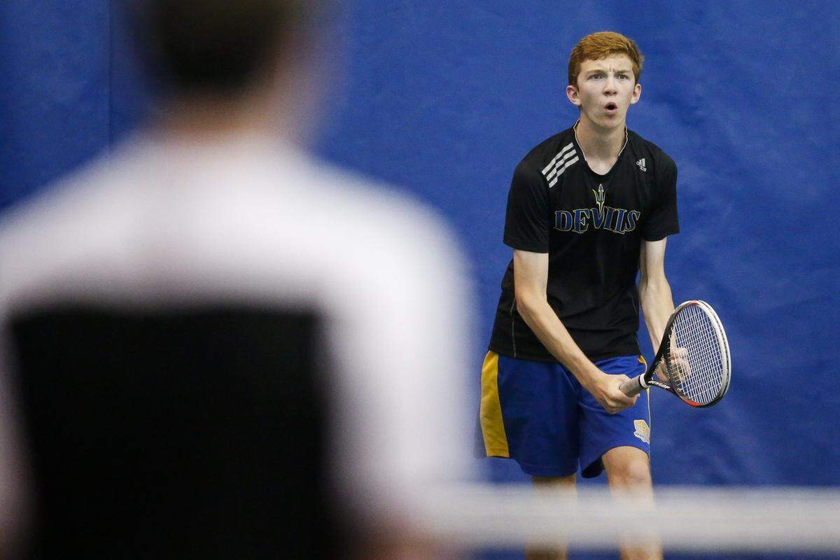 Henry Clay's Will Andrews celebrated a point during his doubles match against Henry Clay's Brett Folsom and Philip Priest during the 11th Region tennis finals at the University of Kentucky on May 11, 2017.  Andrews' preferred sport is volleyball, but he plays tennis well, too.