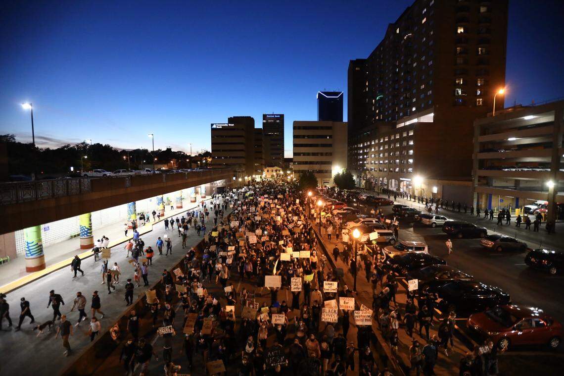 The large crowd at Sunday night’s protest against police violence stretched far down Vine Street in downtown Lexington.