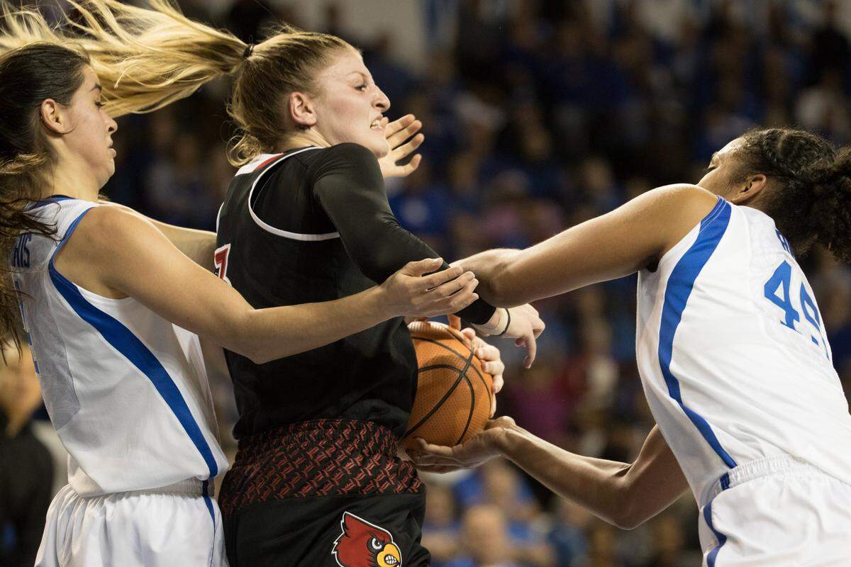 Louisville’s Sam Fuehring (3), a 6-foot-3 senior, is the Cardinals leading rebounder (6.4 rpg) and second-leading scorer (10.8 ppg).