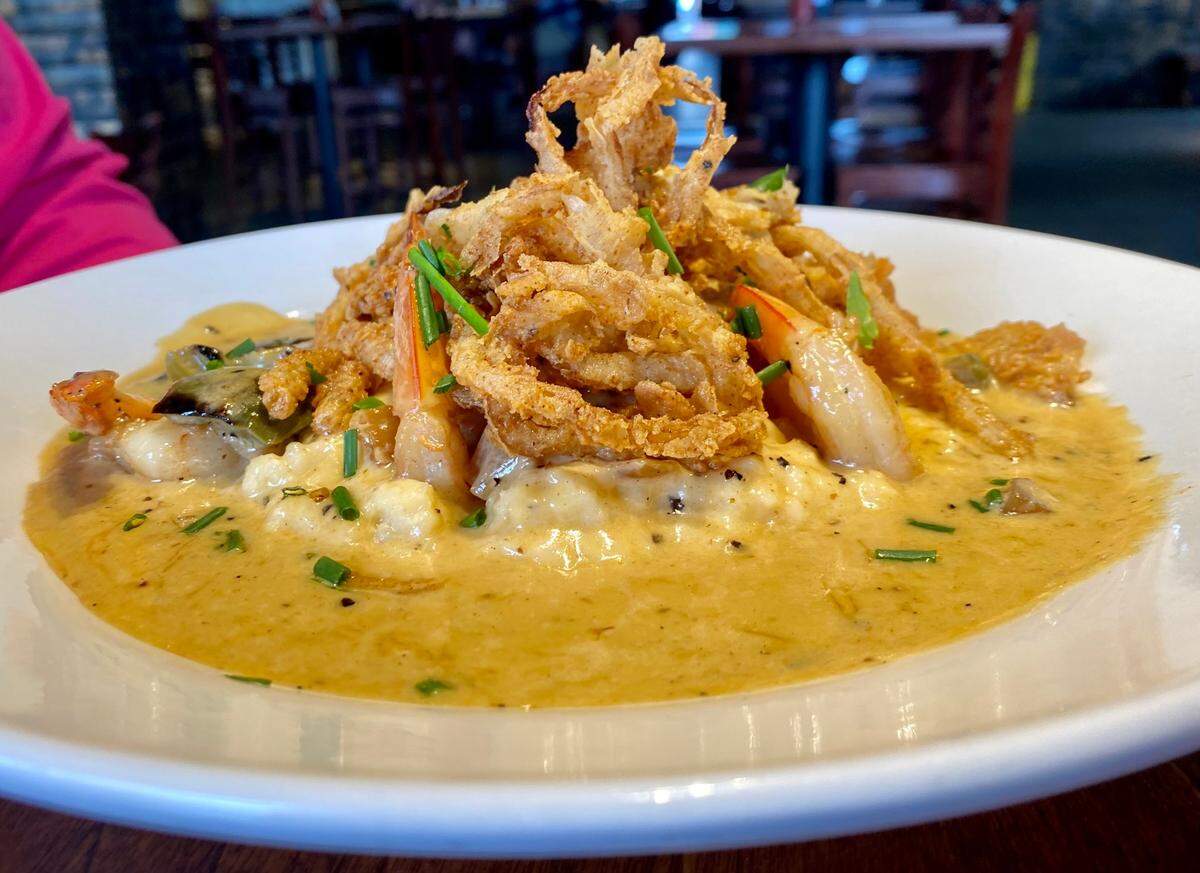 The shrimp and grits at Goodwood Brewing features Weisenberger cheese grits.