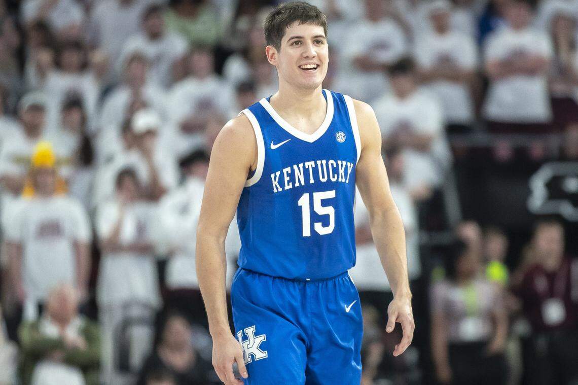 Kentucky guard Reed Sheppard (15) smiles during a game against Mississippi State in Starkville, Miss., on Feb. 27.