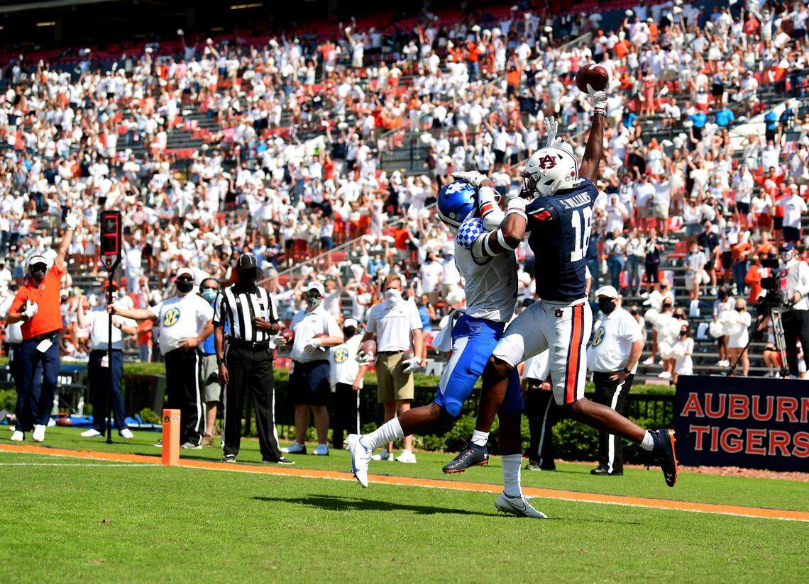 Auburn wide receiver Seth Williams (18) caught six passes for 112 yards and two touchdowns to lead the No. 8 Tigers to a 29-13 win over No. 23 Kentucky in the 2020 season opener at Jordan-Hare Stadium.