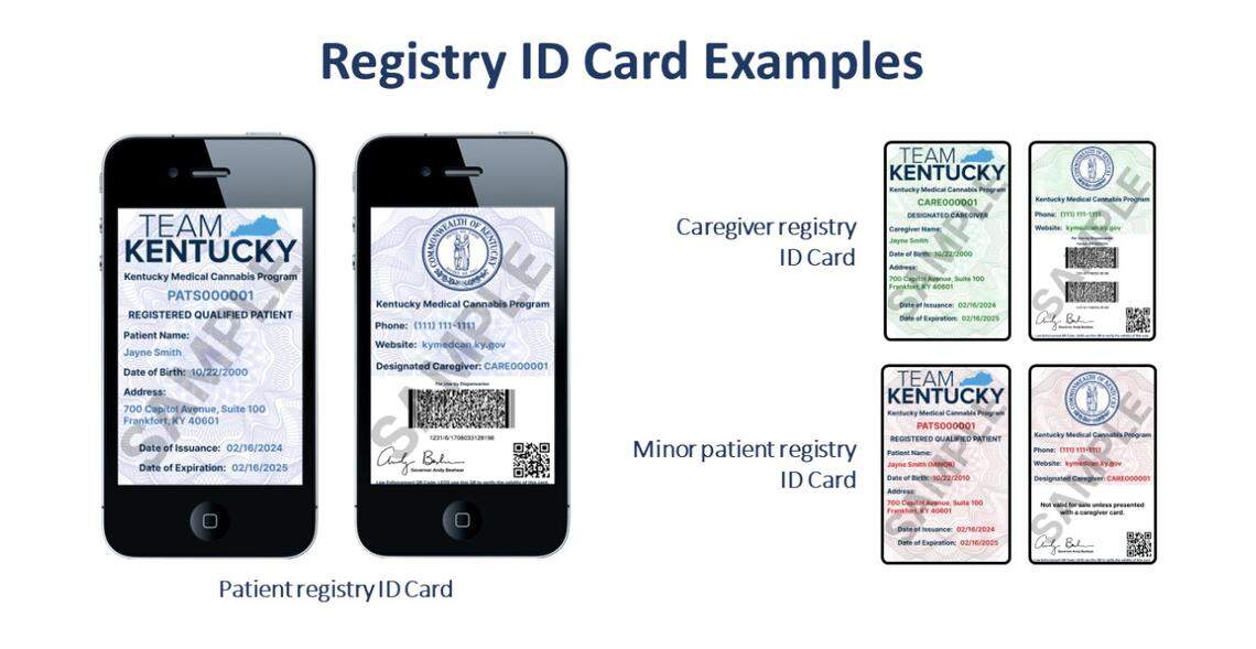 A screen capture from the Kentucky Office of Medical Cannabis website displays sample cards.