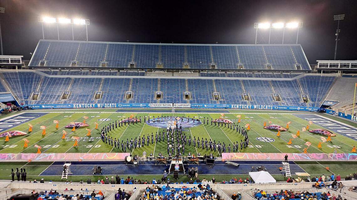 The Lafayette High School marching band performs its show “Peace of Mind” in the finals of the 2021 KMEA Kentucky Marching Band Championships at Kroger Field in Lexington on Oct. 30, 2021.